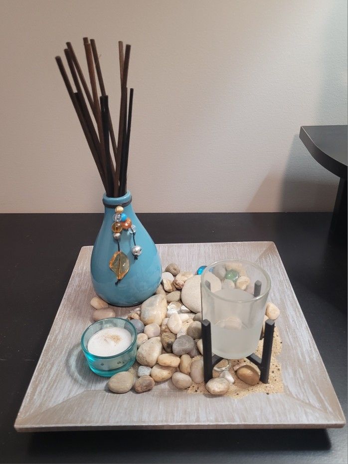 Zen Garden Tan Sand Rock Candle Decor tray Essential Oil Diffuser Sticks