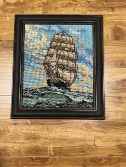 Hand Embroidered Art, Ship In The Sea