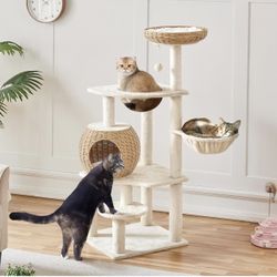 Cat Tree, 54in Rattan Cat Tree Tower with Luxury Woven Condo, Clear Bowl, Washable Cushions, and Scratching Posts, Cat Furniture for Indoor Cats