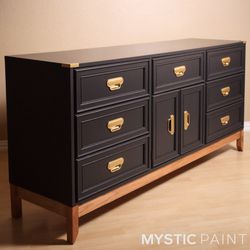 MCM Campaign Black Dresser W/ Cabinet | Gold Hardware