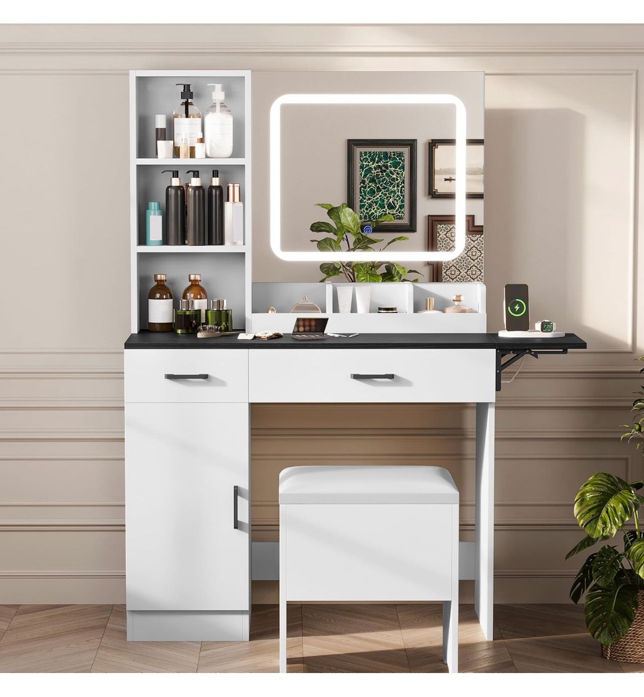 Vanity Desk with Mirror and Lights, Large Makeup Table Set with 2 Drawers and Storage Stool
