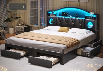 California King Bed Frames with 6 Storage Drawers, with Headboard, LED Lights & Charging Station, PU ,Black