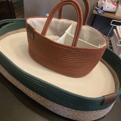 Green-Beige Baby Diaper Changing And Baby Basket