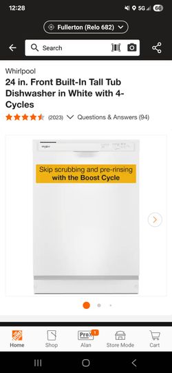 BRAND NEW Whirlpool Dishwasher White 24 in. Front Built-In Tall Tub Dishwasher in White with 4-Cycles