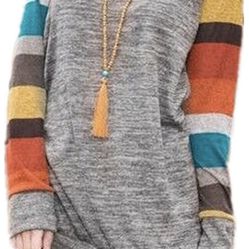 SAIANKE Womens Knitted Long Sleeve Shirts Cotton Lightweight Tunic Sweaters Loose Stripes Tops Sweatshirts Maternity Outfit Grey Yellow-M