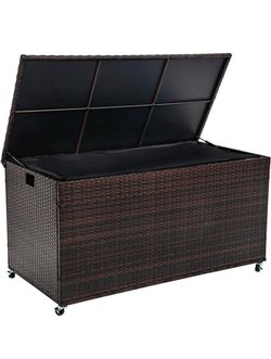 ( Small Damage) 170 Gallon Oudoor Deck Box, Large Rattan Storage Box with Wheels
