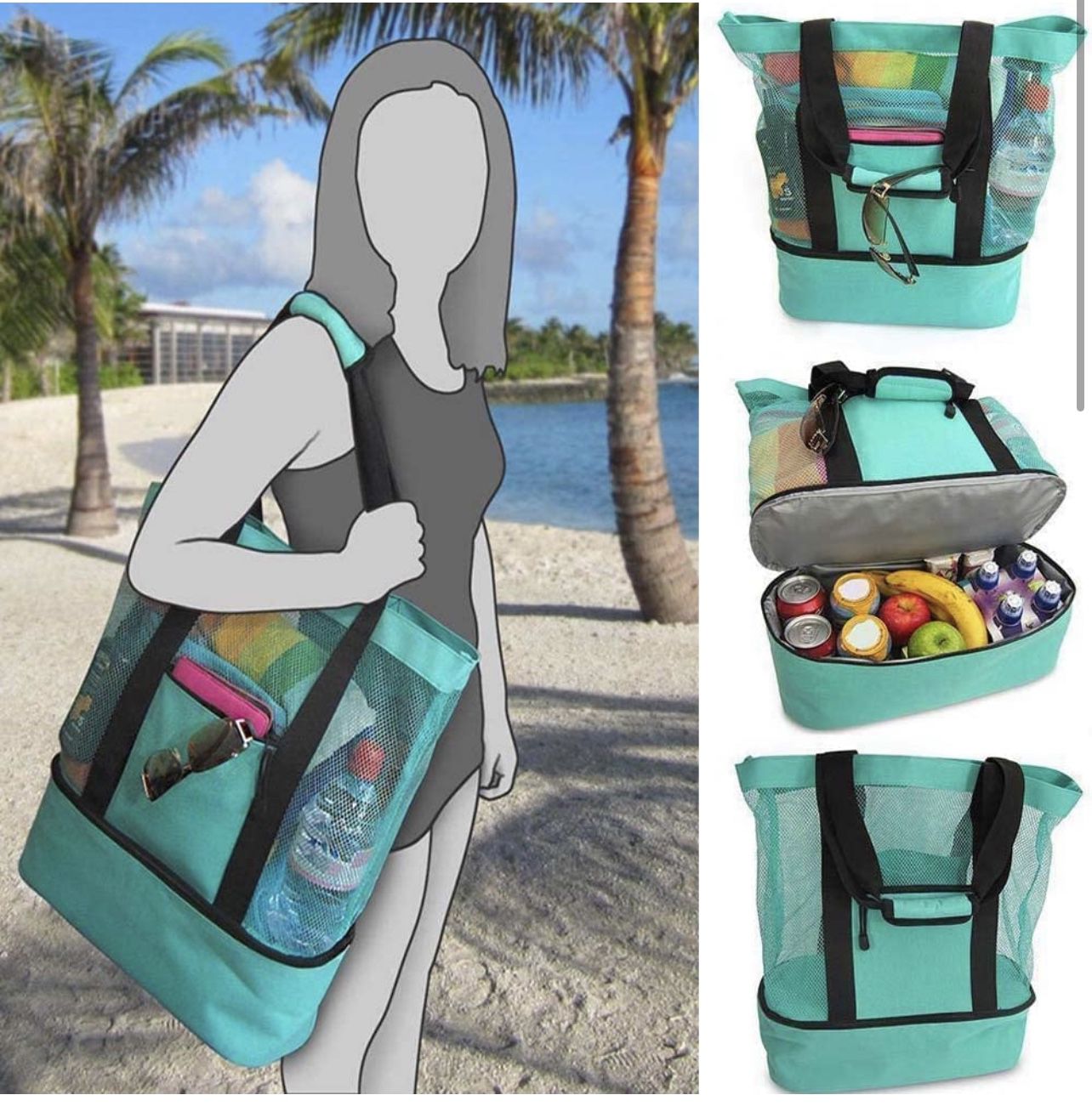 (brand new) Ladies Picnic Bag Mesh Refrigerator Compartment Oversized Zipper Closed Beach Tote Bag Outdoor Camping Beach Mesh Tote Bag with Cooler Bag