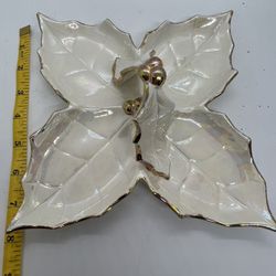 VTG Holland Mold  Ivory Gold  Four Leaves W Handle Candy / Relish / Trinket Dish