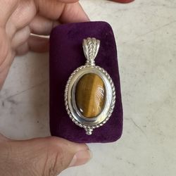 925 Sterling Silver , Genuine Large Tigers Eye Oval Pendant, Marked 925 GV,  Very Nice , Attached Bale