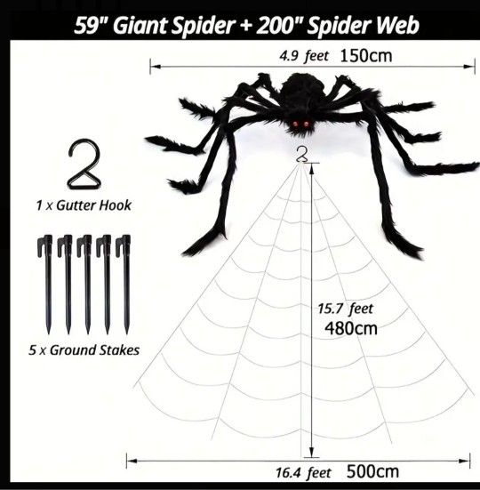 5ft Giant Realistic Black Spider with 200" spider web - Heavy-Duty Outdoor/Indoor Hanging Haunted House Decorations with Lifelike Legs & Body, Scary H