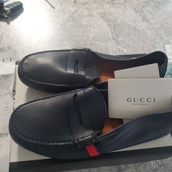 Gucci Men 6.5 Blue Leather Loafers Slip-Ons Shoes