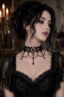 Whimsigoth Handmade Black Lace Choker with Purple Crystals & Chains