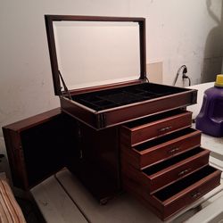 Jewelry Box With Mirror And 4 drawers And Side Doors Open Vintage 13 Inches Tall And 15/1/2 Inches Wide