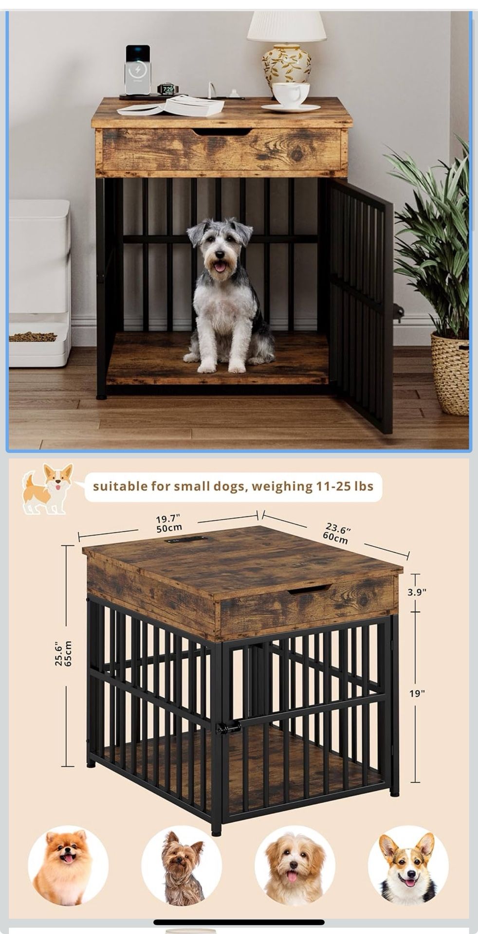 IRONCK Dog Crate Furniture for Small Dogs, Wooden Dog Kennel with Flip Top Drawer, Indoor Pet Crate