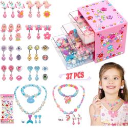 Toys for Girls Jewelry,37PCS Princess Toddler Girl Toys Age 6-8 for Pretend Play & Dress Up, Adjustable Ring Clip on Earrings Kids Toys for 3 4 5 6 7 