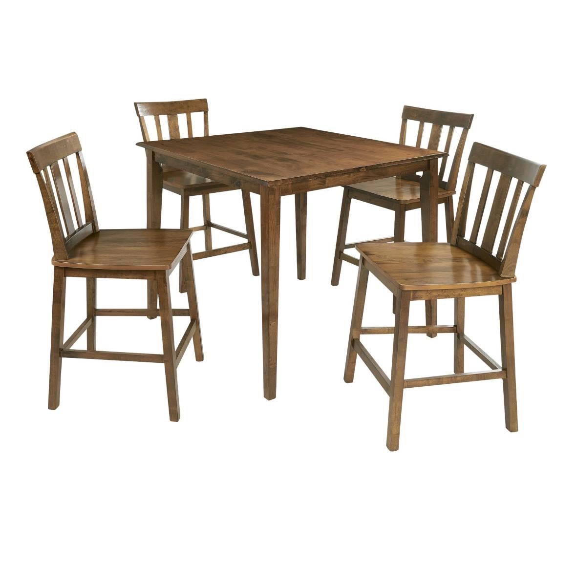Mainstays 5 Piece Mission Counter Height Dining Set, Solid Wood, Cherry Color for Home. One table is a little bit damaged