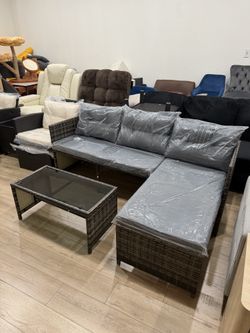 Outdoor Patio Furniture, 3-Piece Waterproof Outdoor Sectional Sofa All-Weather L Shaped Patio Couch with Cushion Glass Table for Yard, Garden, Balcony