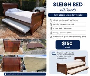 Wood Sleigh Bed with Roll-Out Trundle + 2 Mattresses