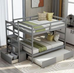 Solid Wood Bunk Bed with Stairs and Storage and mattress (Gray)