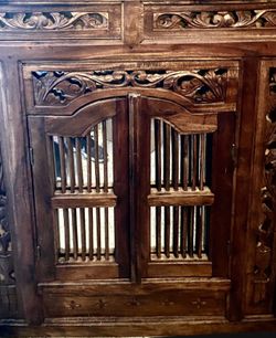 Vintage Asian Balinese Carved Teak Wood Wall Mirror Window Shutter Panel Doors