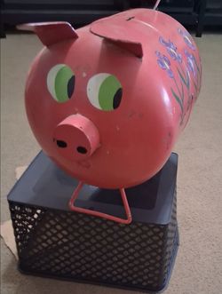 Metal Pig Piggy Bank with Floral Design
