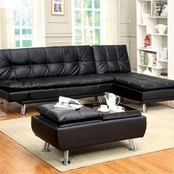 Brand New Black Leather Futon Sofa Sleeper + Chaise Lounge & Ottoman 