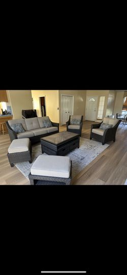 Outdoor Patio Furniture Set – Sofa + 2 Chairs + 2 Ottomans + Table