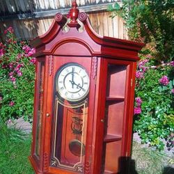 Vintage Curio Wooden clock w pendulum Glass doors Westminster Whittington Quartz 20" Long 6" Thick