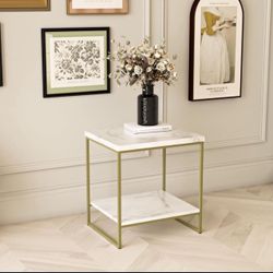 Faux Marble Side Table, White Marble Small Coffee Table with Storage, 2-Tier End Table for Living Room, Nightstand for Bedroom (White, Gold)