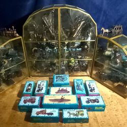 61 PIECE COLLECTION - DIE CAST MINIATURE PENCIL SHARPENERS  WITH GLASS DISPLAY CABINET 