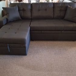 Brand New 86" x 57" Black Tufted Linen Convertible Sectional With Storage Chaise