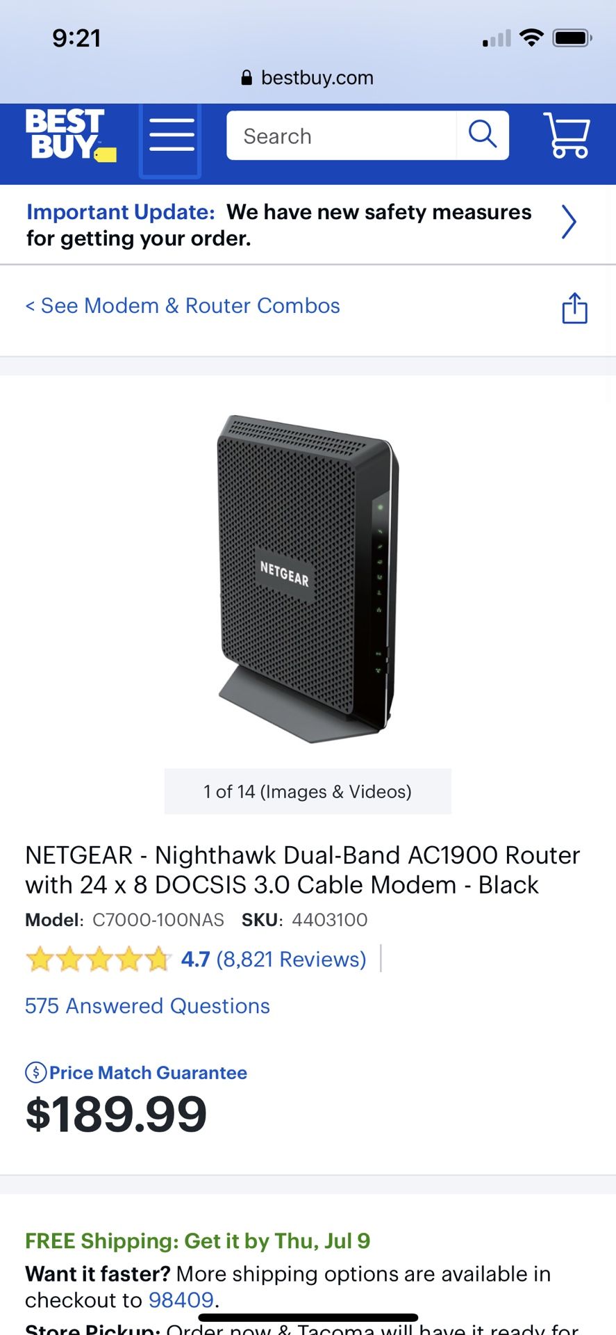 NETGEAR AC1900 WIFI CABLE MODEM ROUTER