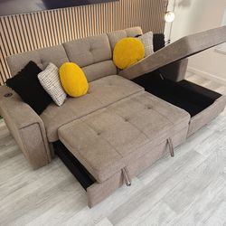 Sectional Couch with Sleeping Chaise & Storage – Taupe Gray Fabric 