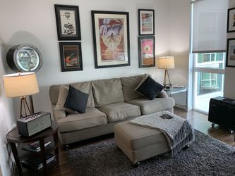 COZY COUCH WITH OTTOMAN AND PILLOWS!!! ONLY 2 YEARS OLD!!