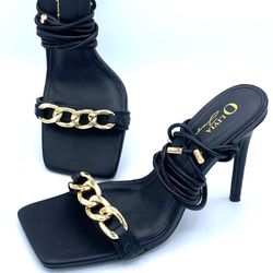 Olivia Jaymes open toe slip on Lace tie heels size 6.5 Black