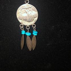 Buffalo Head Nickel With Turquoise And Silver Feather pendant. Indian Head On Other Side.