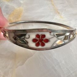 MEXICO TAXCO Vintage Inlaid Alpaca Silver Bracelet Flower and Butterflies