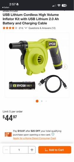 USB Lithium Cordless High Volume Inflator Kit with USB Lithium 2.0 Ah Battery and Charging Cable