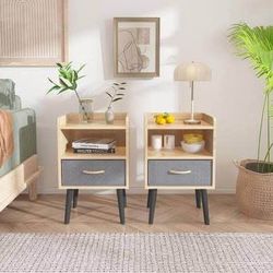 New Set of 2 Mid Century Modern Nightstands With Collapsible Fabric Drawer