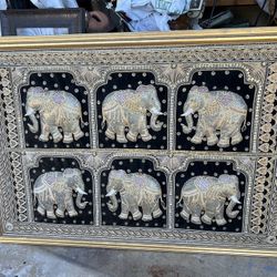 Vintage Burmese Asian Elephant Cloth With Velvet Sequins Beads Large Framed 55” Inches X37 Inches In Good Condition It’s A Must See 