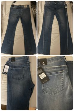 — True Religion Joey Mid Rise Flare Jeans with Rhinestone Side Stripe. Were ONLY available online . Size: Womens 33.  Brand new with tags 🏷️.