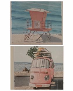 Framed Pink Beach Lifeguard & VW Van Wall Art (Set of 2) 9"x11"