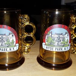 Vintage (2) Amber Glasses With Decorative Ring Circle Handles Saying, "House Of Franklin D. Roosevelt's House, Hyde , NY ."