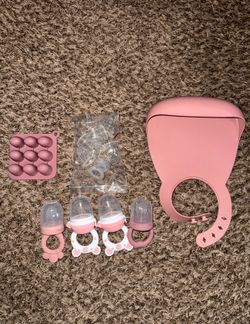 Pink Baby Feeding Set with Bib, Feeder, Ice Tray, Dishwasher Safe