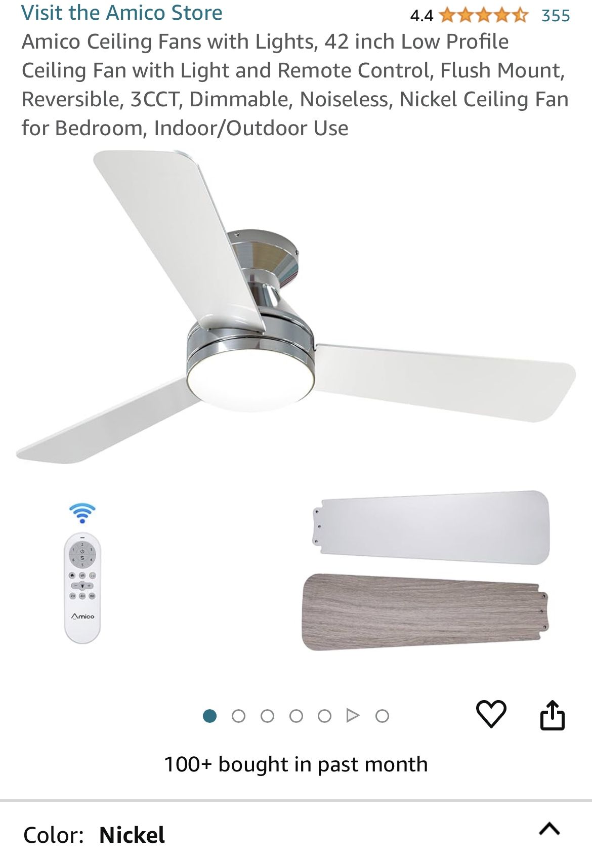 Amico Ceiling Fans with Lights, 42 inch Low Profile Ceiling Fan with Light and Remote Control, Flush Mount, Reversible, 3CCT, Dimmable, Noiseless, Nic