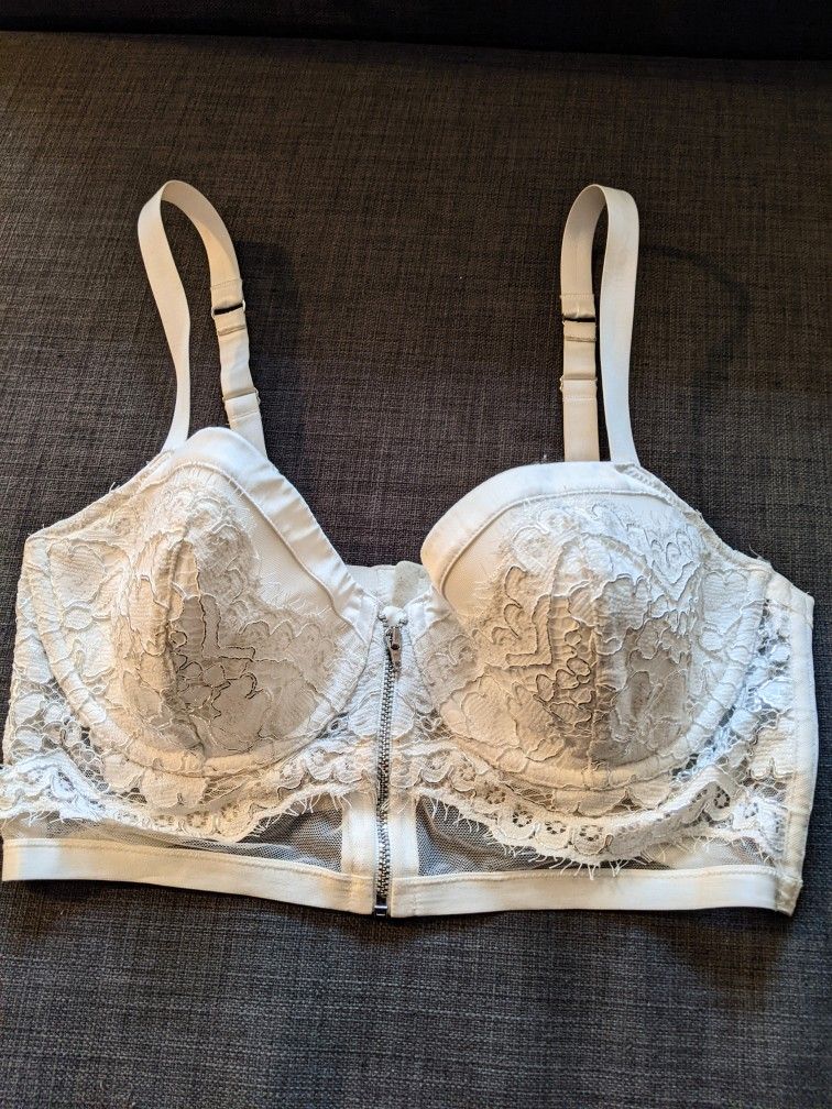 Victoria Secret White Silver Lace Zip Down Bustier Bra