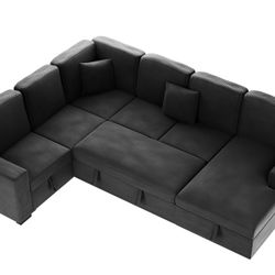 New! Black Corduroy Sectional Sofa Bed, Large Sectional Sofa With Pull-out Bed, Black Sofa Bed,Sofabed, Sleeper Sofa, Couch, Sofa Bed Storage Chaise