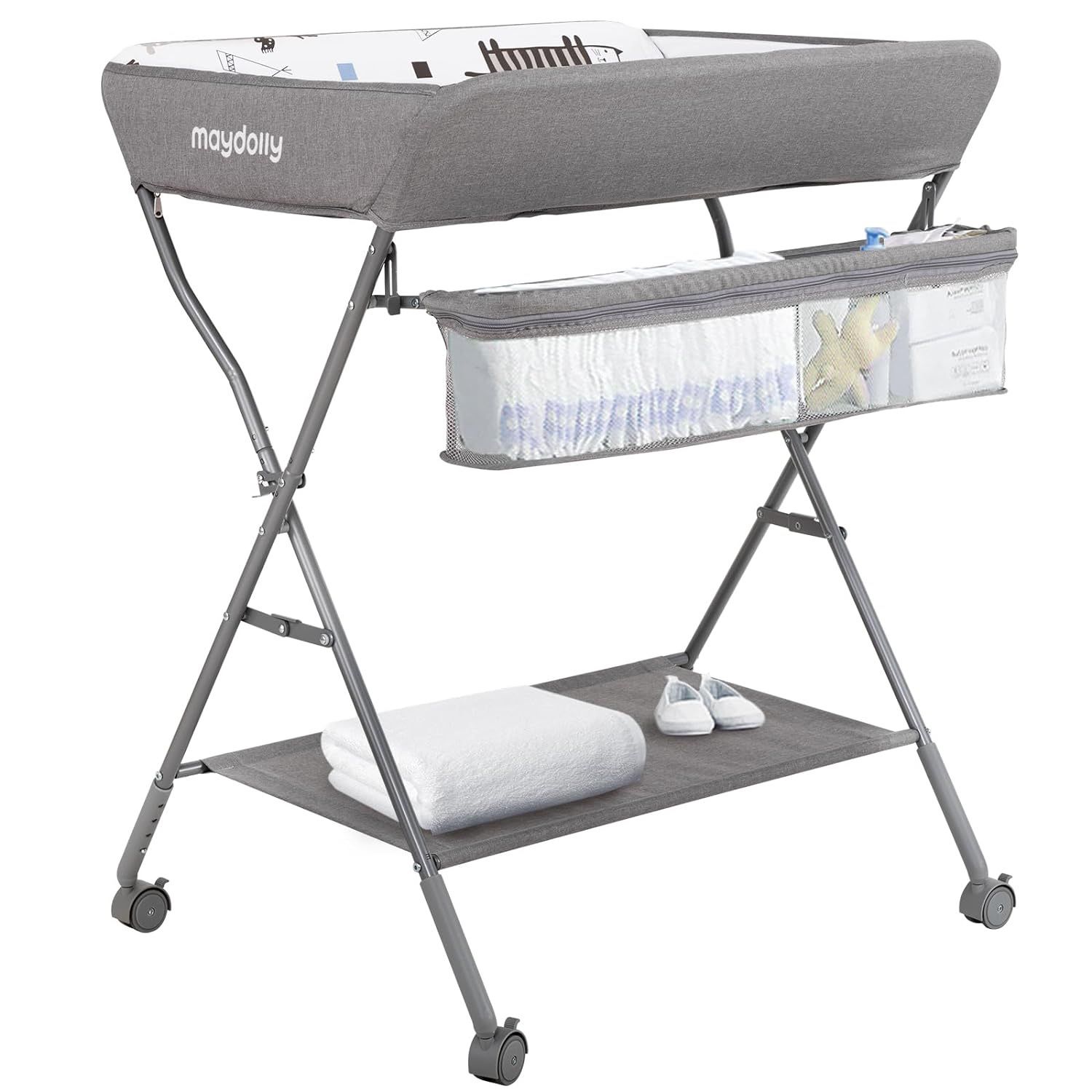 Maydolly Baby Changing Table with Wheels, Maydolly Portable Adjustable Height Folding Diaper Station with Nursery Organizer & Storage Rack for Newborn