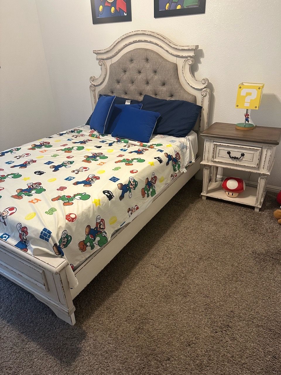 White Distressed full size Bed Frame with Tufted Headboard for Sale in ...