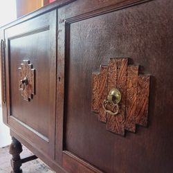 Antique Waterfall Oak Spanish Hand Carved Sideboard Cabinet